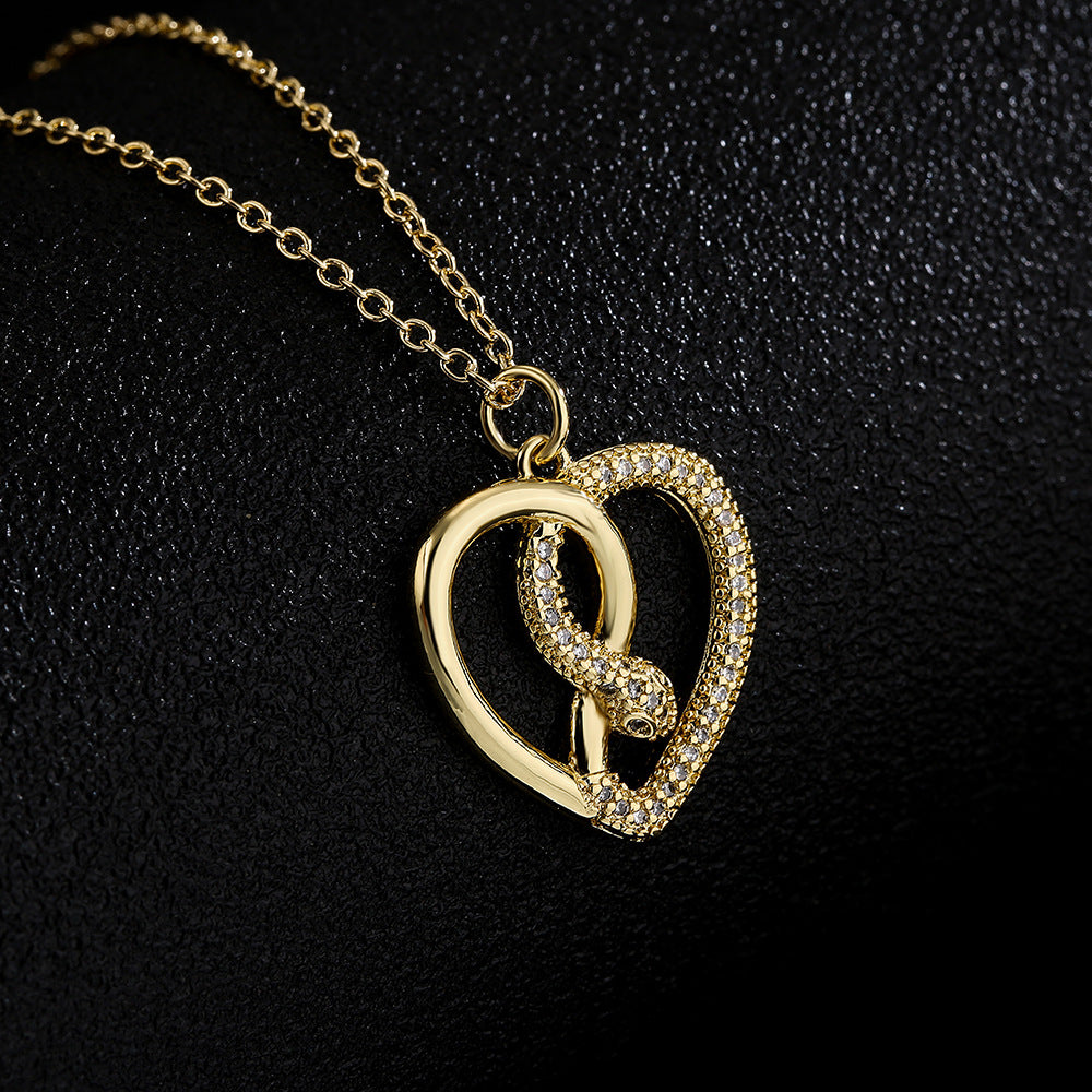 Geometric Snake Pendant Necklace for Women Made of Copper with 18K Gold Plating and Zircon Inlay