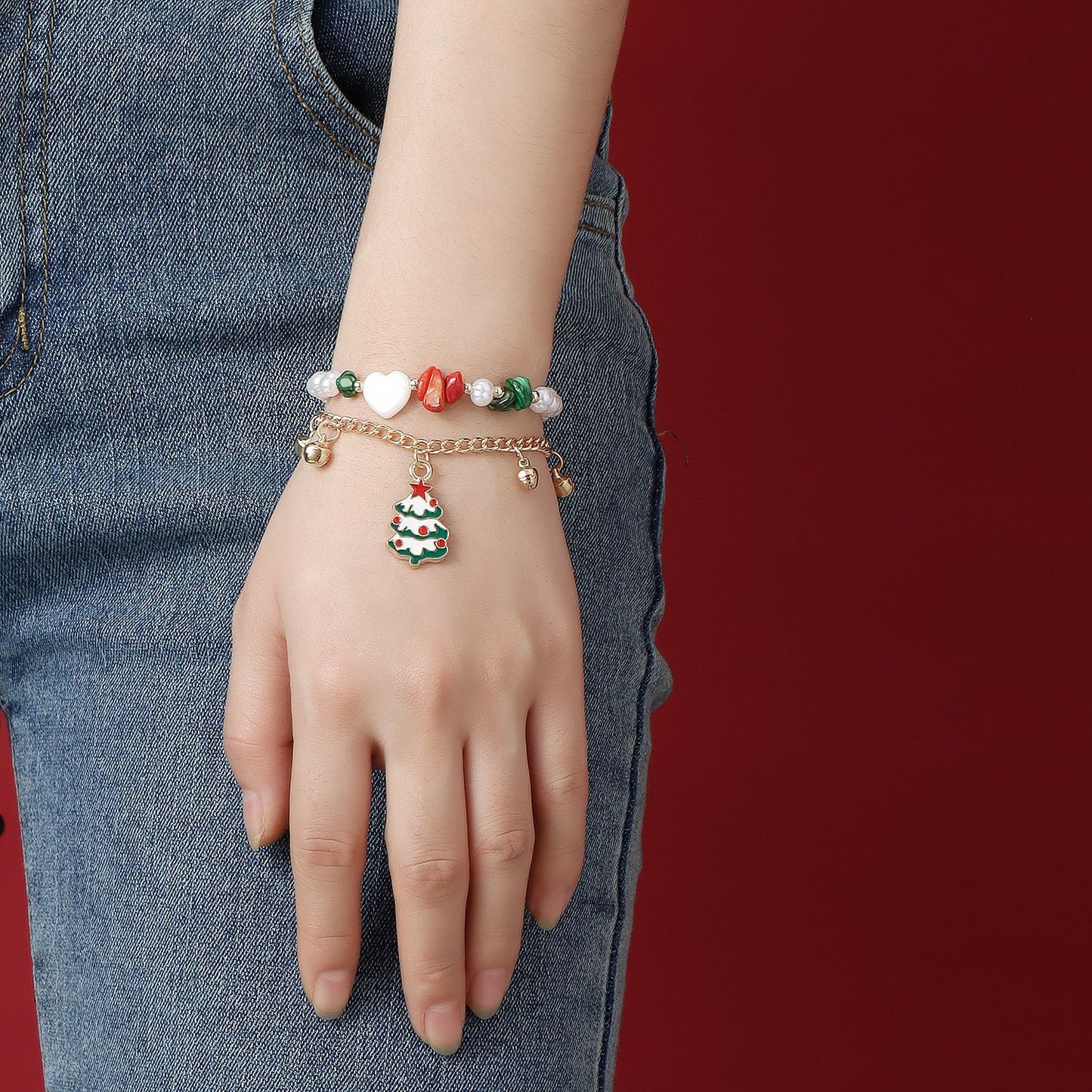 Original Design Christmas Tree and Heart Shaped Beaded Bracelet with Natural Stone and Pearl Accents, Dual-Layer Rope Bracelet with Plated Finish
