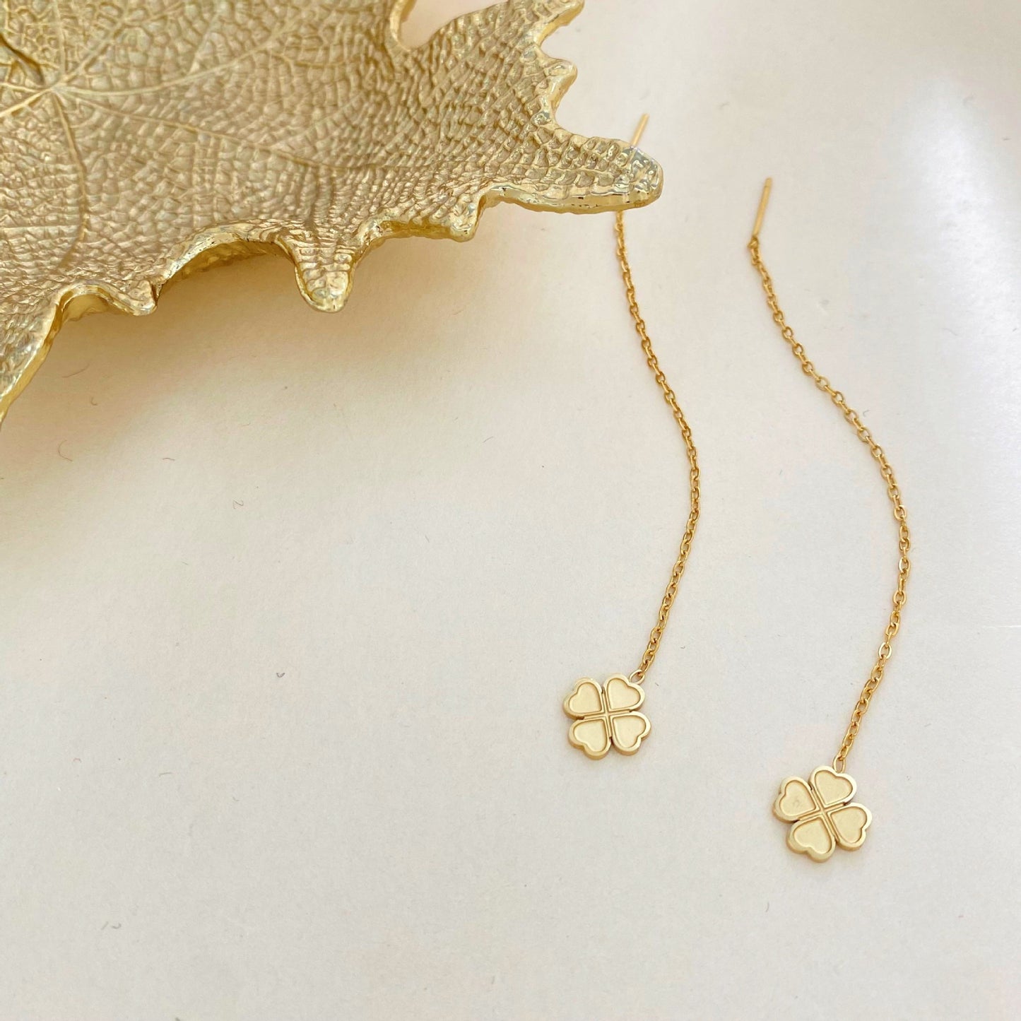 Minimalist Elegant Titanium Steel Floral Four-Leaf Clover Tassel Drop Earrings for Women