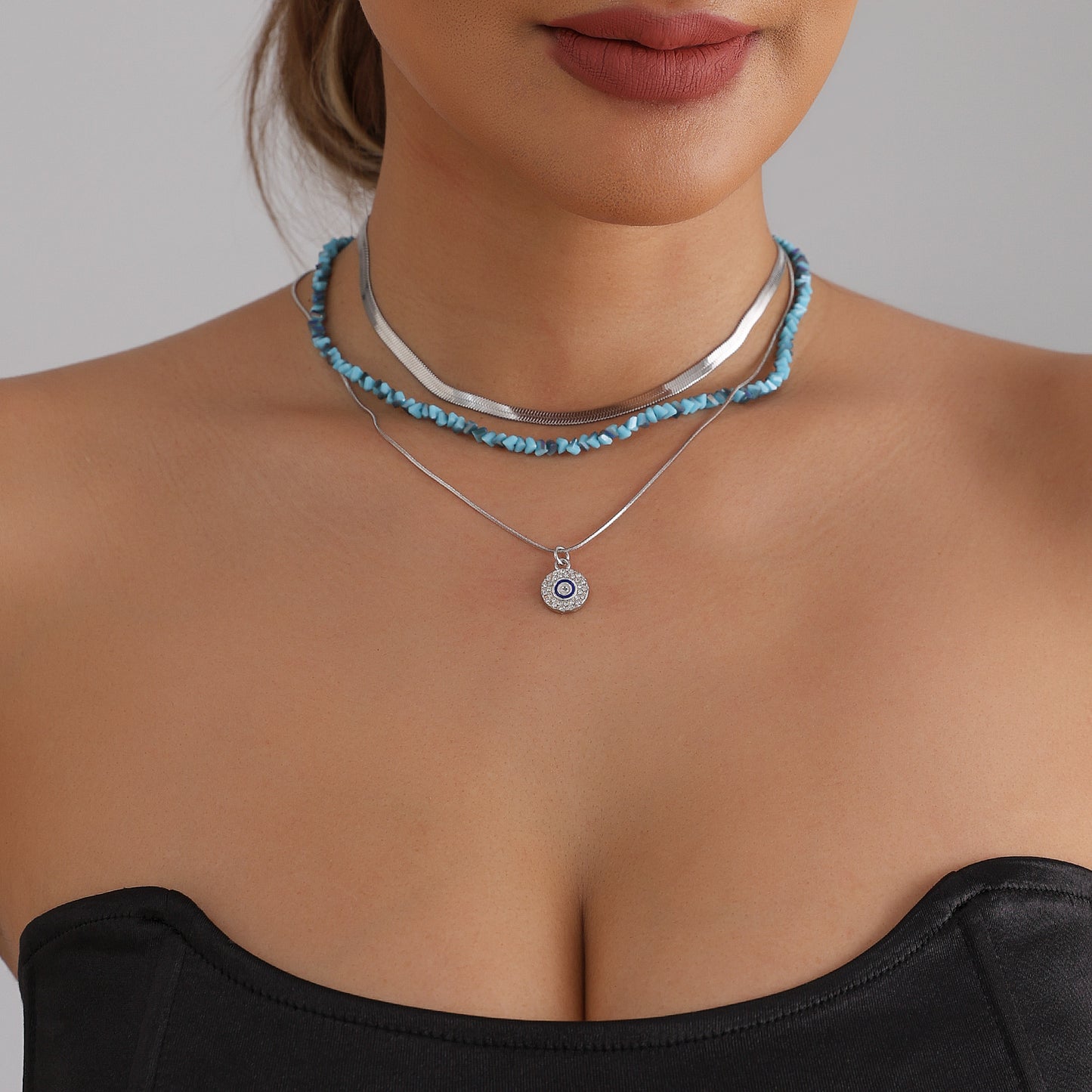 Luxury Geometric Evil Eye Blue Crystal Plated Alloy Necklace for Women