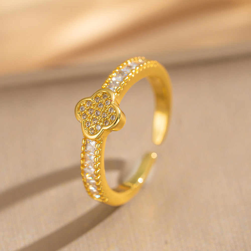 Luxury Minimalist Adjustable Open Ring for Women with Gold-Plated Copper Band and Zircon Stone Accent in Heart and Floral Shape