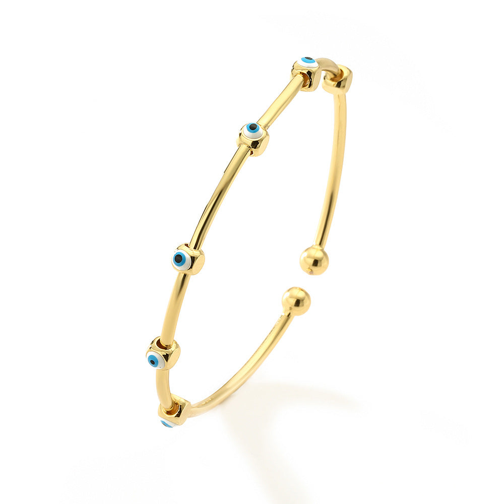 Gold Plated Brass Drip Oil Evil Eye Adjustable Cuff Bracelet for Women