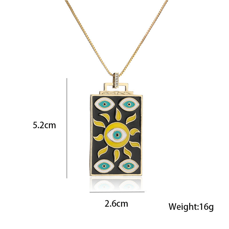 Personalized Geometric Eye Sun Drip Oil Gold Plated Brass Necklace with Cubic Zirconia Box Chain