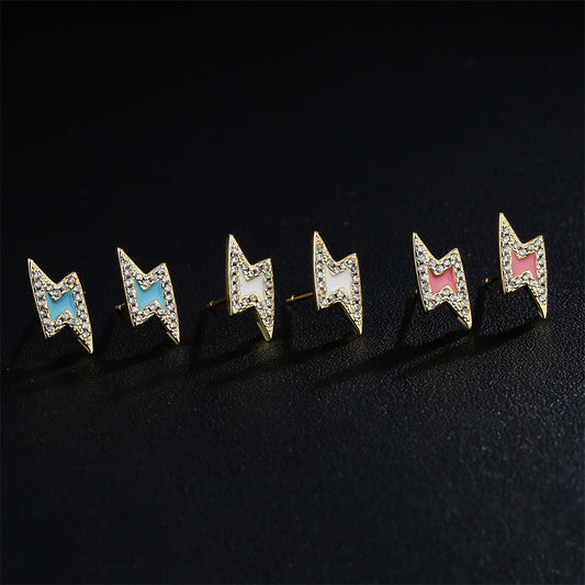 Minimalist Lightning-Shaped Copper Earrings with 18K Gold Plating and Micro-Pave Zirconia for Women