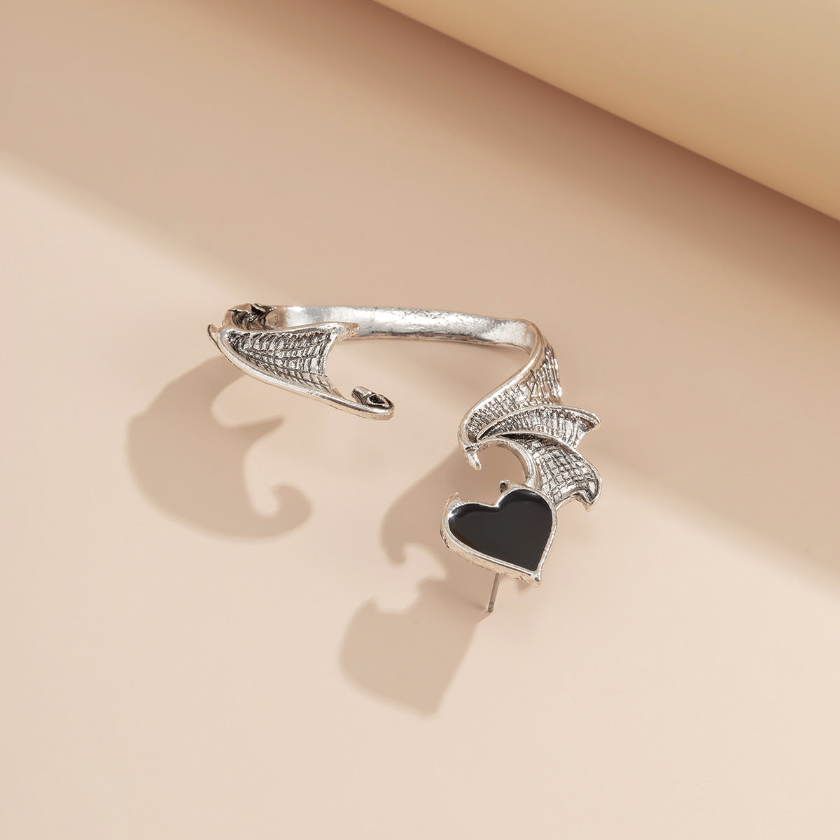 Dark Academia Heart-Shaped Alloy Stud Earrings with Wing Motif and Polished Plated Finish for Women