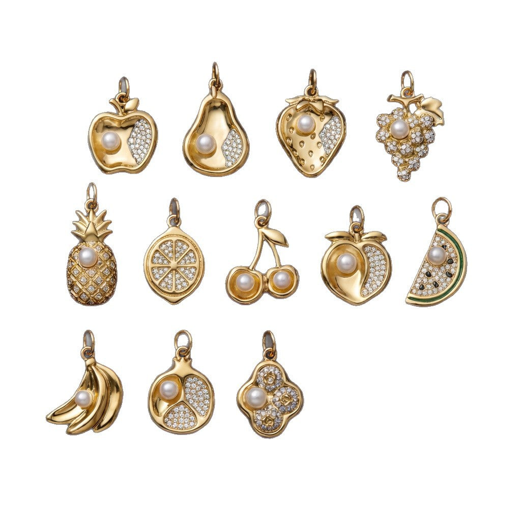 Vintage 14K Gold Plated Geometric Fruit Drip Oil Cubic Zirconia Brass Charm Bar