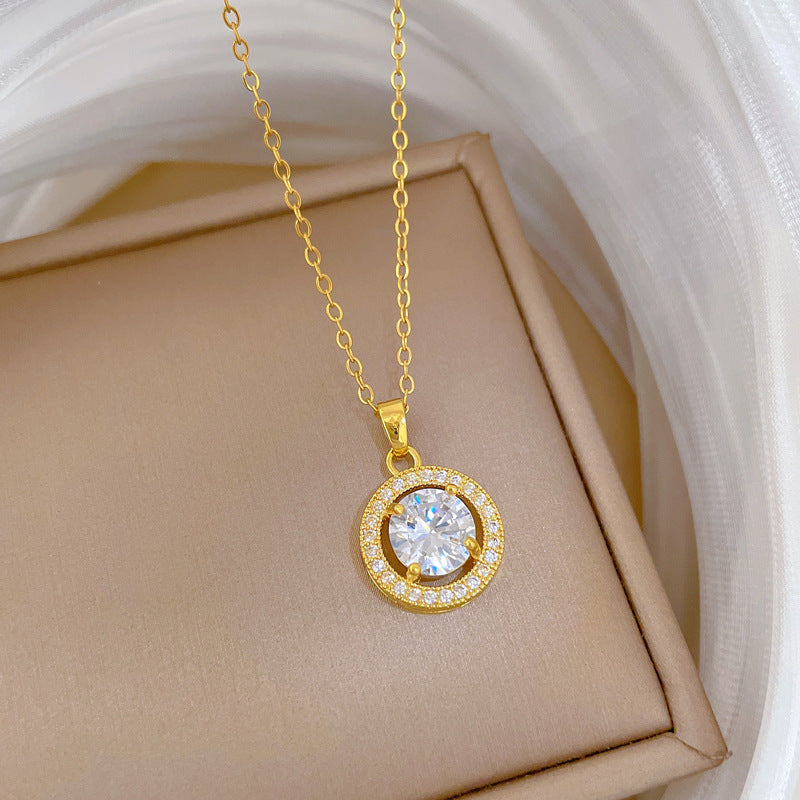 Sweet Round Geometric Cubic Zirconia Inlaid Titanium Steel Necklace for Unisex