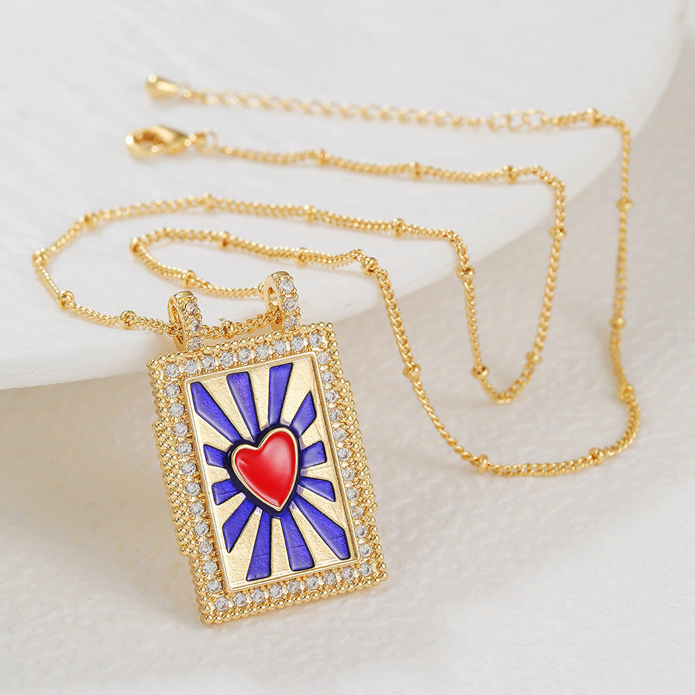 Geometric Gold Plated Brass Drip Oil Cubic Zirconia Inlay Tarot Necklace with Cable Chain