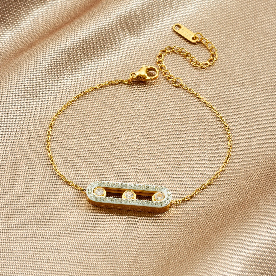 Minimalist Gold Plated Geometric Rectangle Rhinestone Pendant Stainless Steel Bracelet for Women