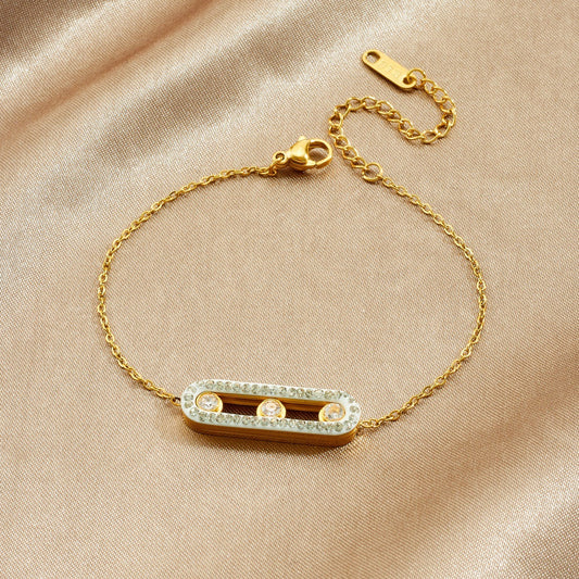 Minimalist Gold Plated Geometric Rectangle Rhinestone Pendant Stainless Steel Bracelet for Women