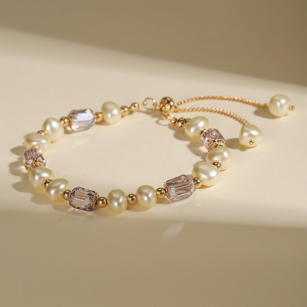 Vintage Elegant Purple Crystal Imitation Pearl Geometric Glass Bracelet for Women