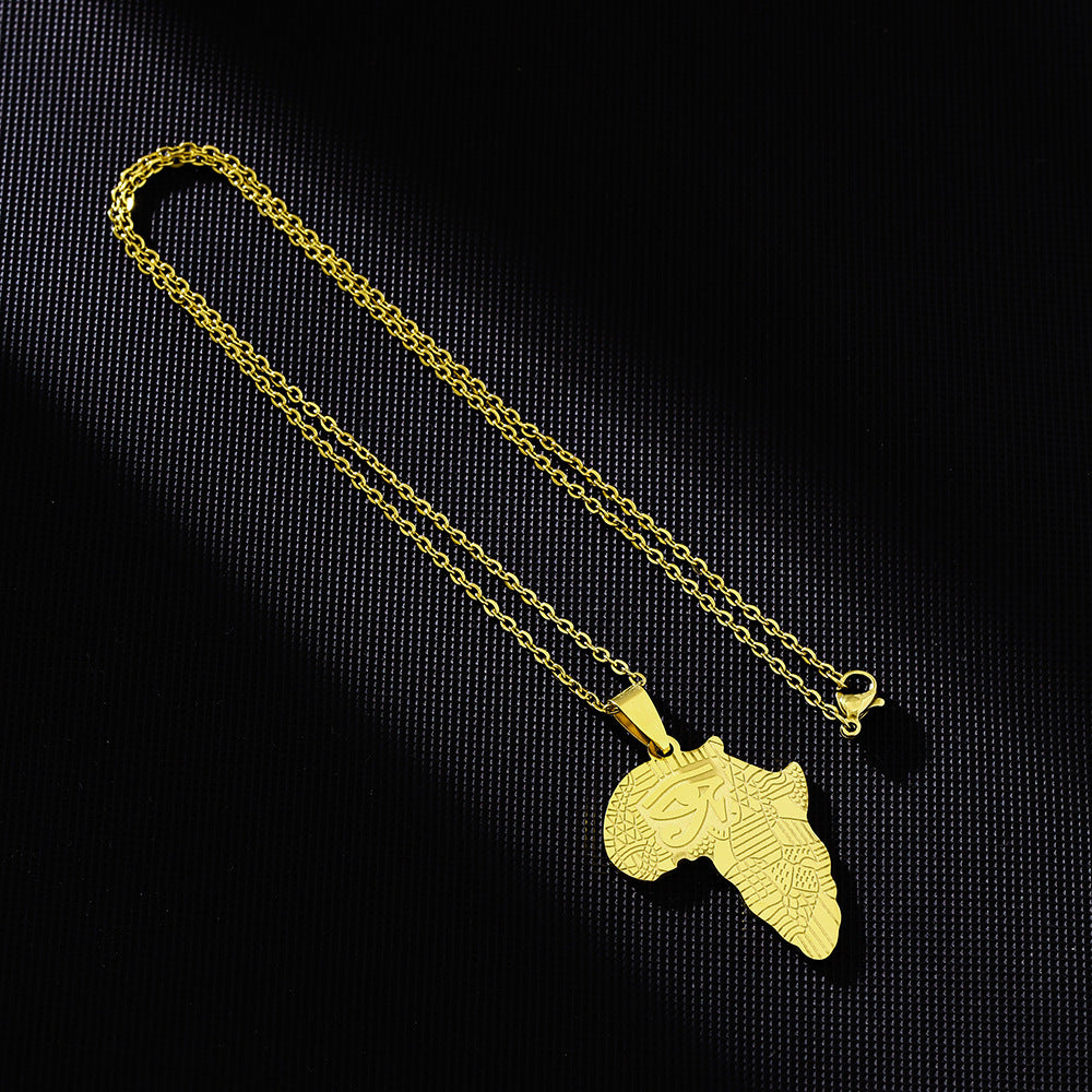 Collana con ciondolo a forma di occhio del Sahara, mappa africana vintage, in acciaio inossidabile con ciondolo in acciaio al titanio e finitura galvanica su catena a maglie ovali