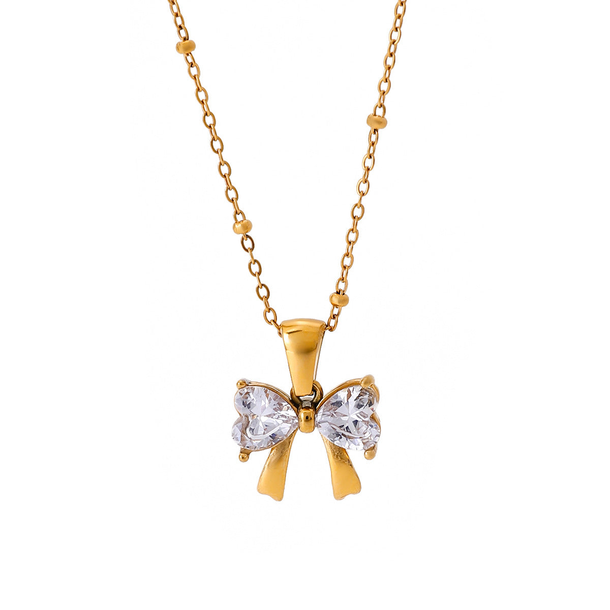 Minimalist Heart Bow Knot Cubic Zirconia Inlay Titanium Steel Necklace for Women