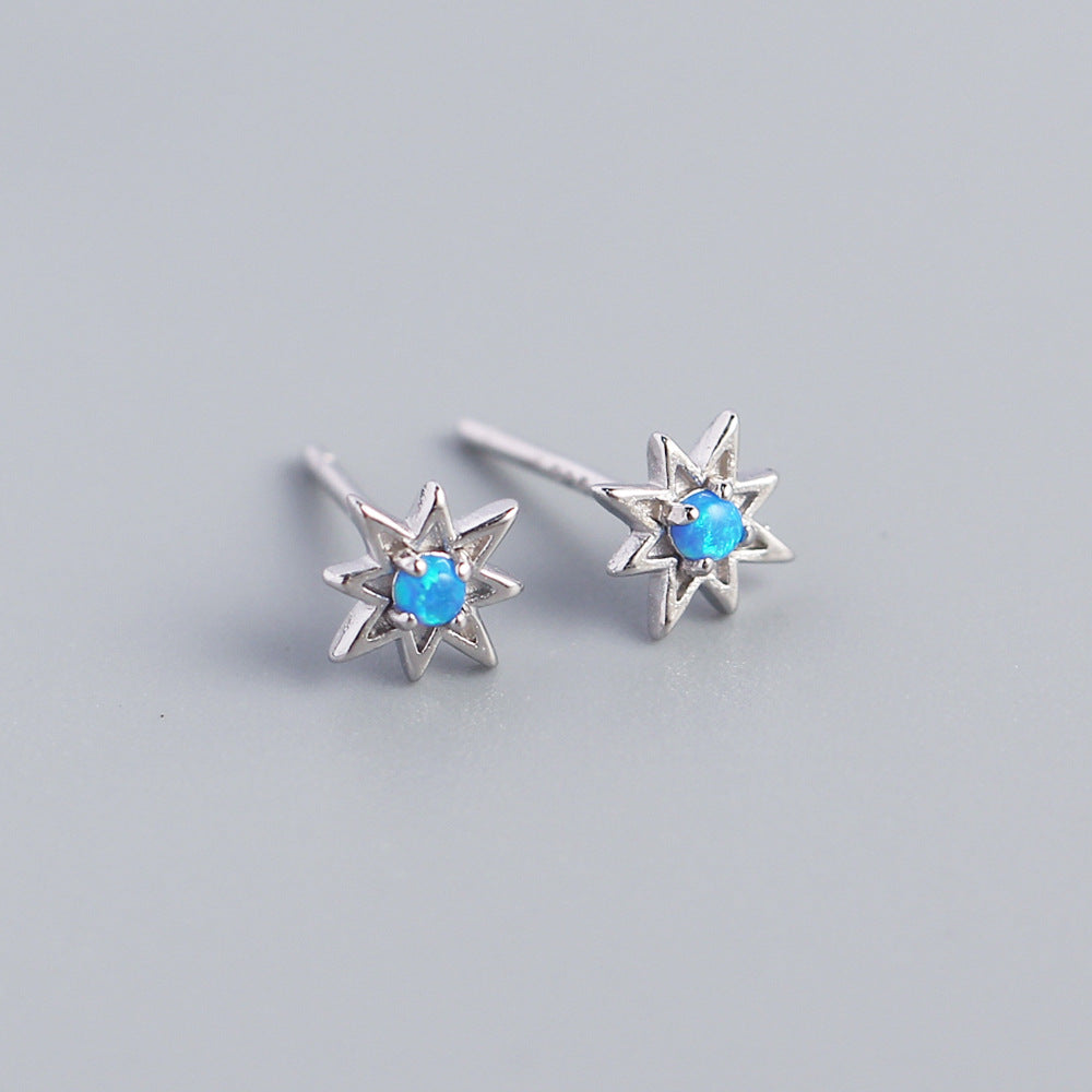 Sweet-Edgy Octagonal Star Shaped S925 Sterling Silver Opal Stud Earrings for Women