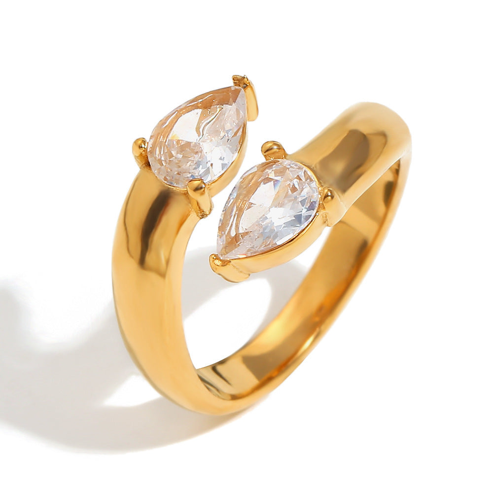 Anillo Minimalista Geométrico de Acero Inoxidable con Flores y Diamantes Blancos y Chapado en Oro de 18K para Mujer