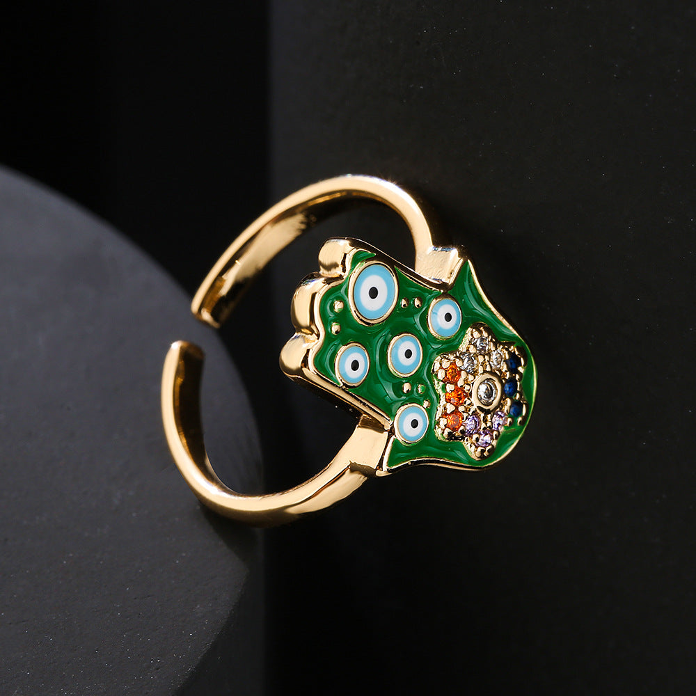 Ins Style Geometric Shaped Copper Ring with Gold Plating and Enamel Evil Eye and Hamsa Hand Design
