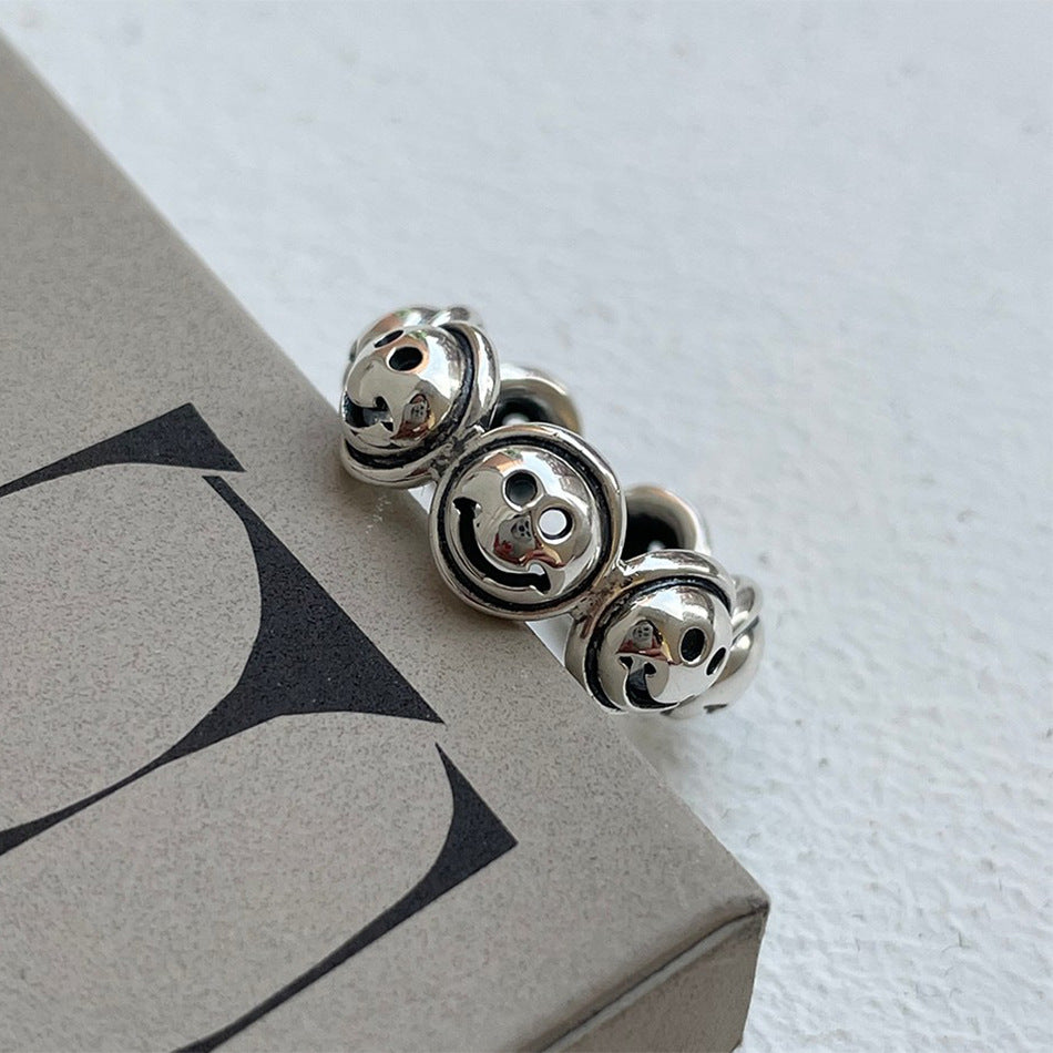 Minimalist Vintage 925 Sterling Silver Smiley Face Ring for Women
