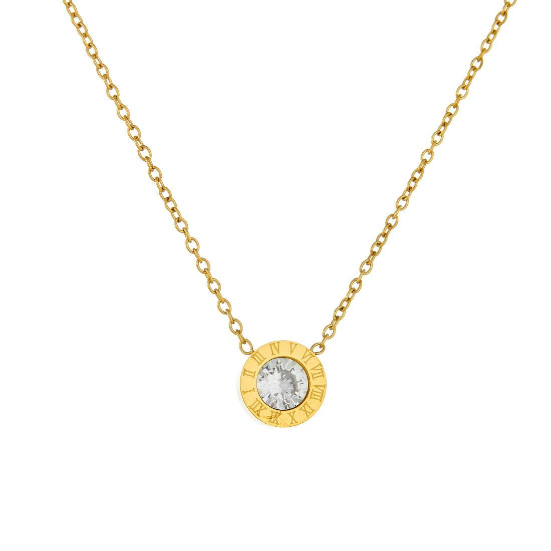 Minimalist Round Geometric Rhinestone Inlay Stainless Steel Gold Plated Pendant Necklace for Women