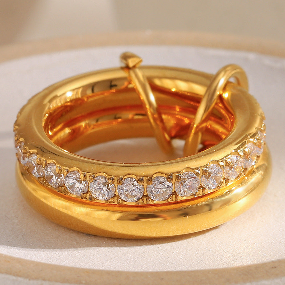 Minimalist Geometric Stainless Steel Ring with 18K Gold Plating and Double-Layer Zircon Inlay for Women