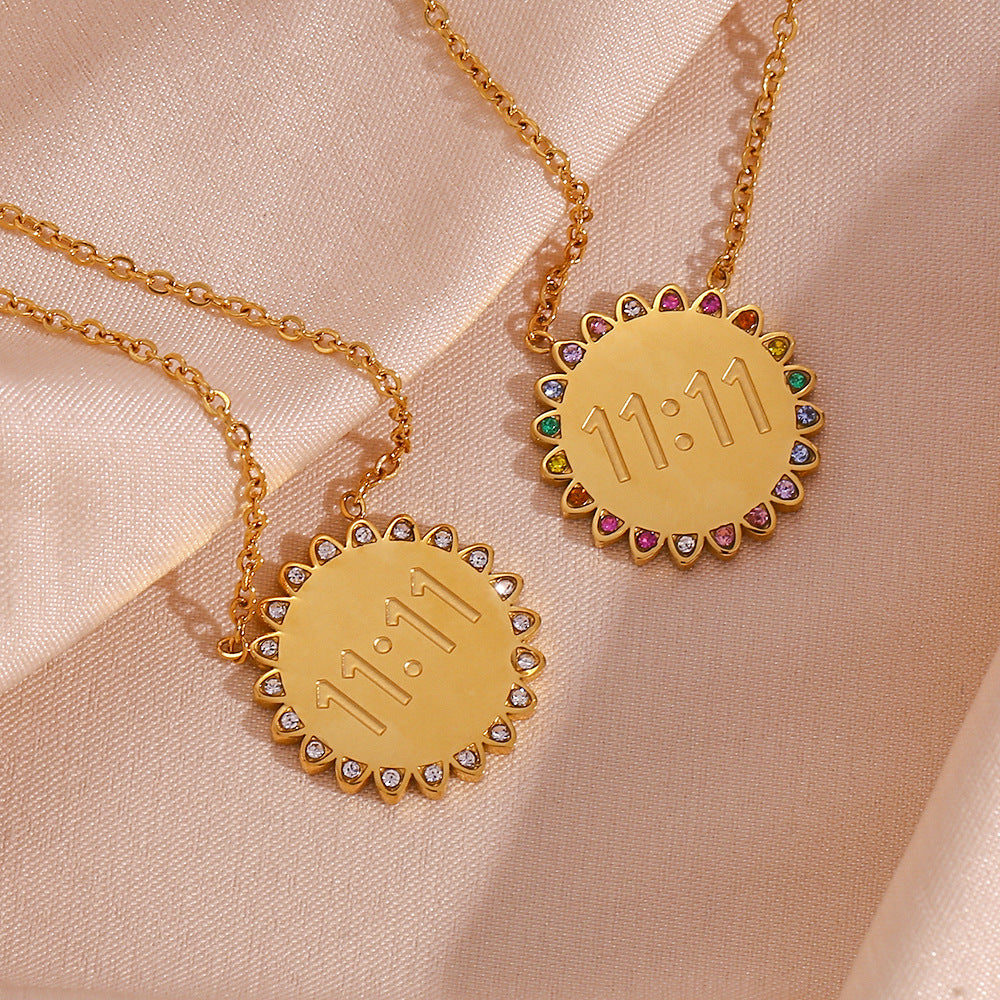 Minimalist Sunflower Pendant Necklace in Stainless Steel with 18K Gold Plating and Micro-Paved Rhinestones