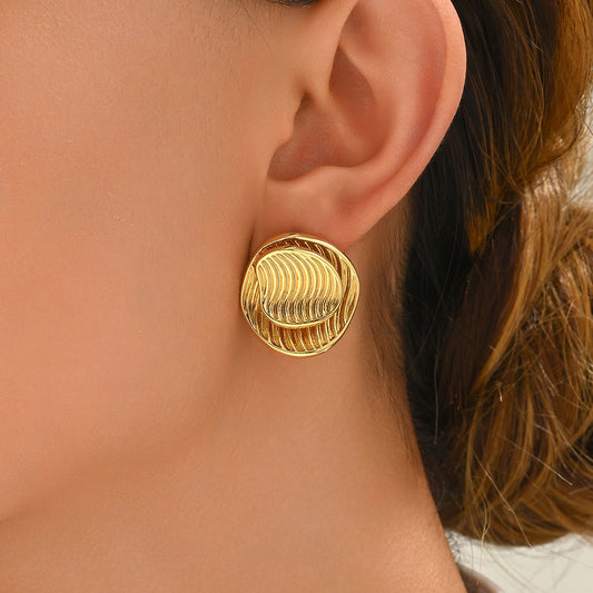 Minimalist Vintage-Style Geometric Round Wavy Double-Layer Earrings for Women with Electroplated Copper and Stainless Steel Posts