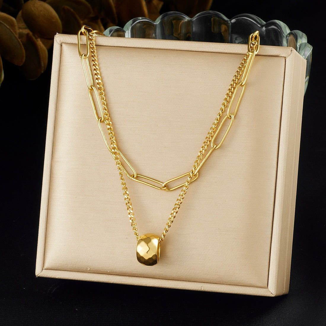 Minimalist Gold Plated Geometric Round Stainless Steel Pendant Necklace Double Layer Curb Chain