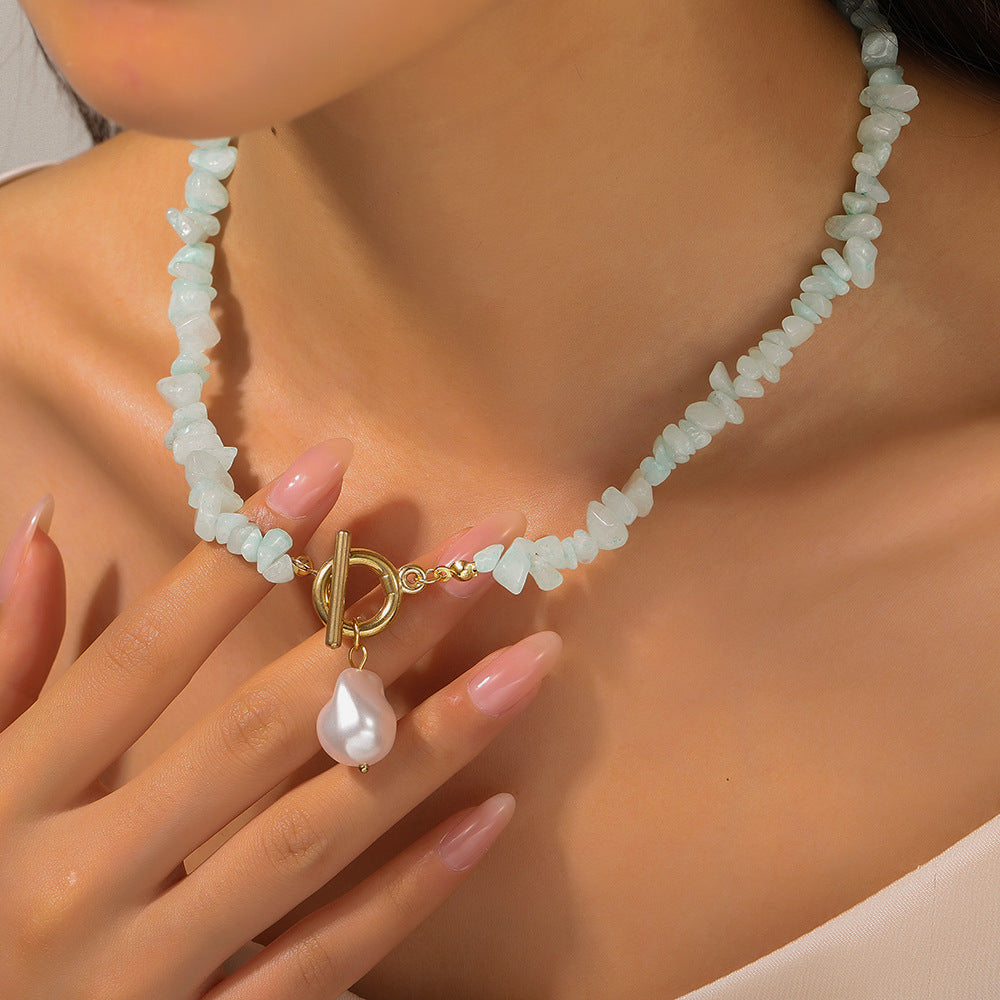 Bohemian Geometric Stone Necklace with Imitation Pearl Pendant Cable Chain Unisex