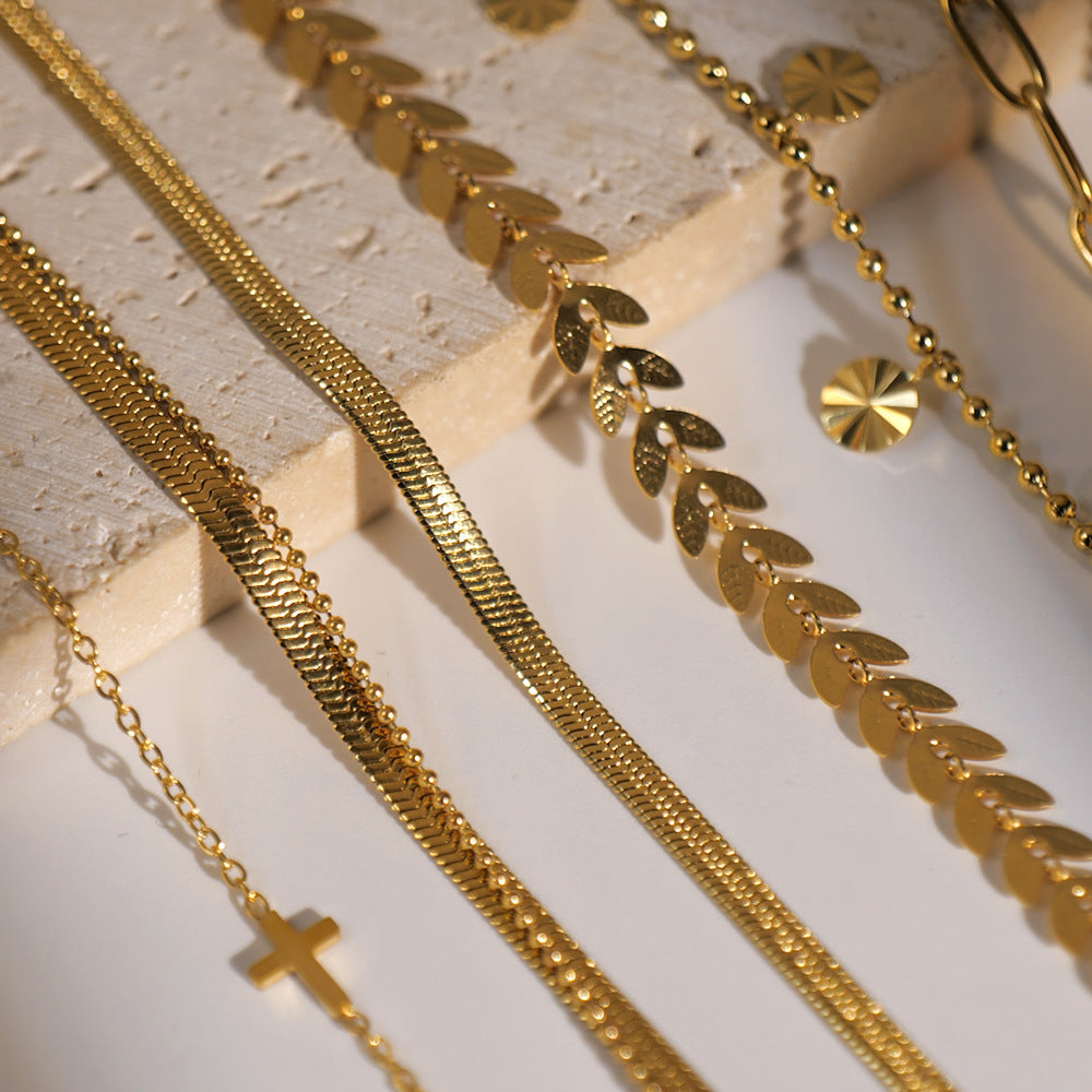 Minimalist Geometric Cross Anklet for Women in Titanium Steel with 18K Gold-Inlaid Gemstone Detail