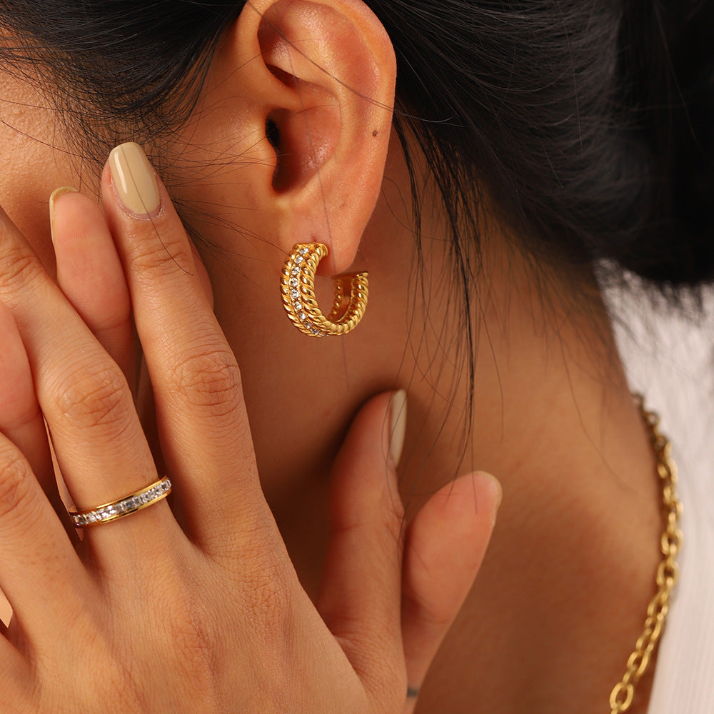 Sweet Geometric Stainless Steel C-Shape Hoop Earrings with Pearl Inlay for Women