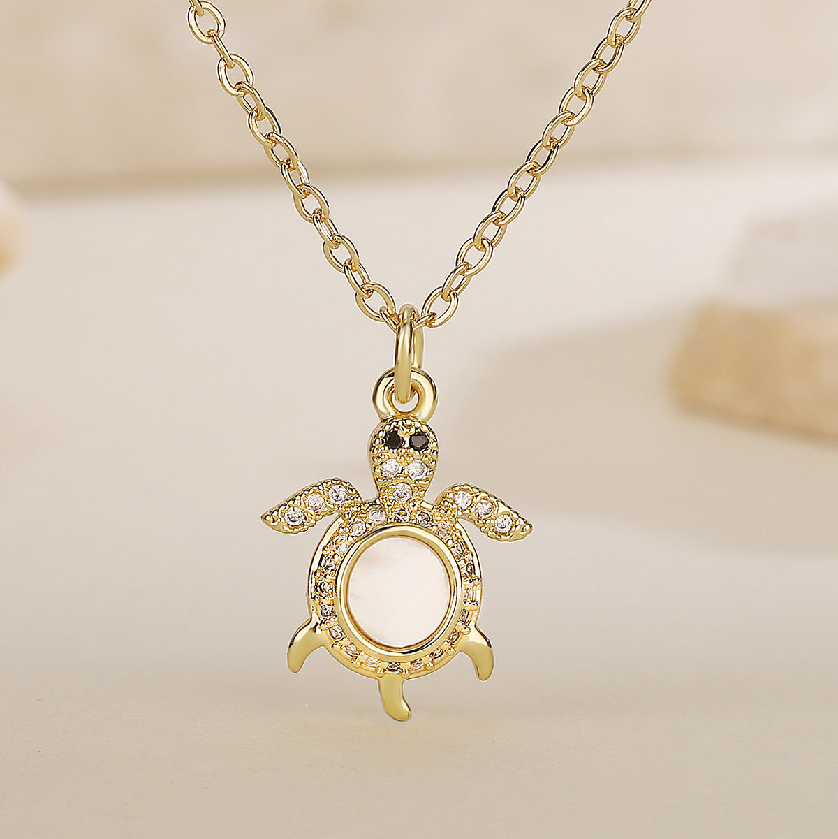 Minimalist 18K Gold Plated Brass Micro-inlay Cubic Zirconia White Shell Turtle Pendant Necklace for Women