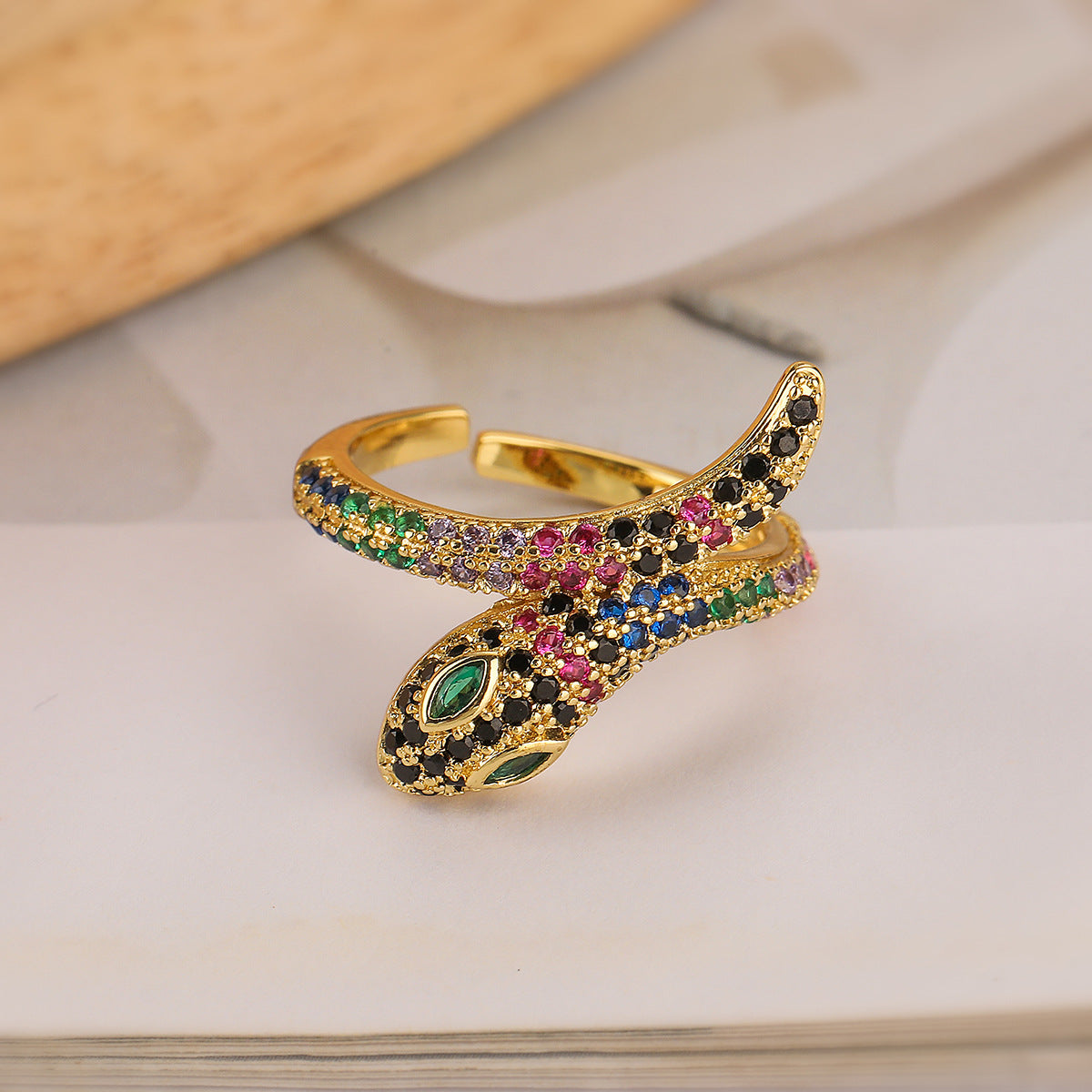 Minimalist Geometric Snake-Shaped Copper Ring with Real Gold Plating and Zircon Inlay for Women