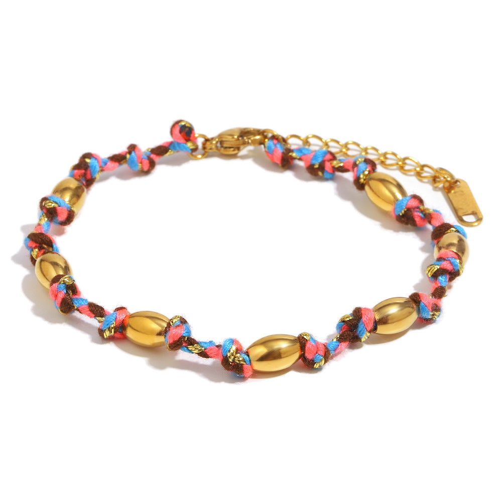 Fashionable Geometric Stainless Steel Plated 18K Gold Knotted Beaded Bracelet for Women