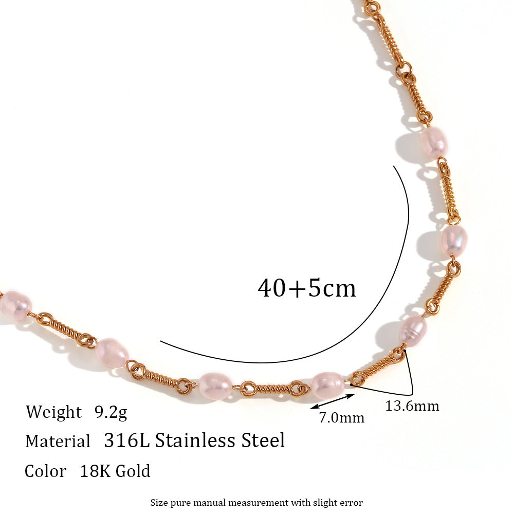 Juego de Pulsera y Collar Hechos a Mano Minimalistas de Acero Inoxidable Chapado en Oro de 18 Quilates con Colgante de Perla de Agua Dulce para Mujer