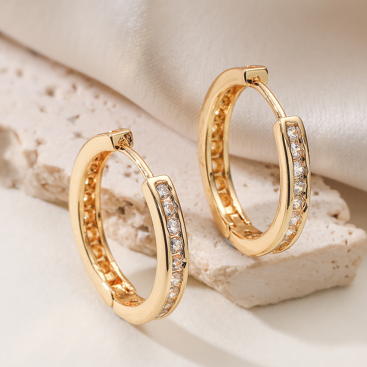 Minimalist Luxury Geometric Brass Plated Hoop Earrings with Cubic Zirconia for Women