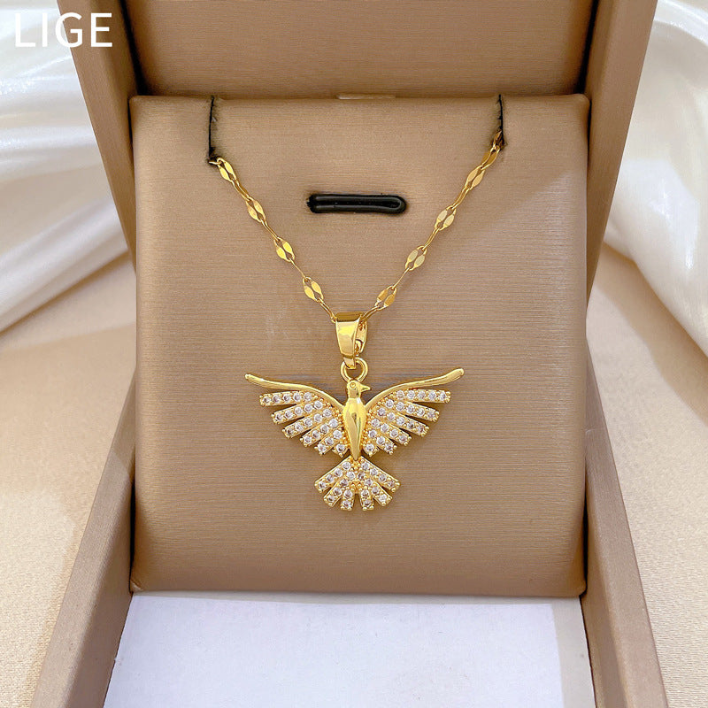 Sweet Geometric Phoenix Titanium Steel Necklace with Brass Pendant for Women