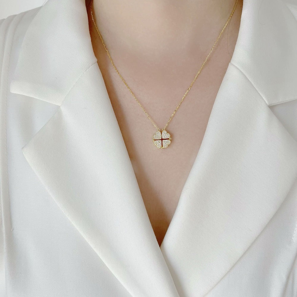 Minimalist Heart-Shaped Titanium Steel Pendant Necklace with Four-Leaf Clover Design, Double-Sided Wearable, Electroplated Finish, Delicate Clavicle Chain for Women