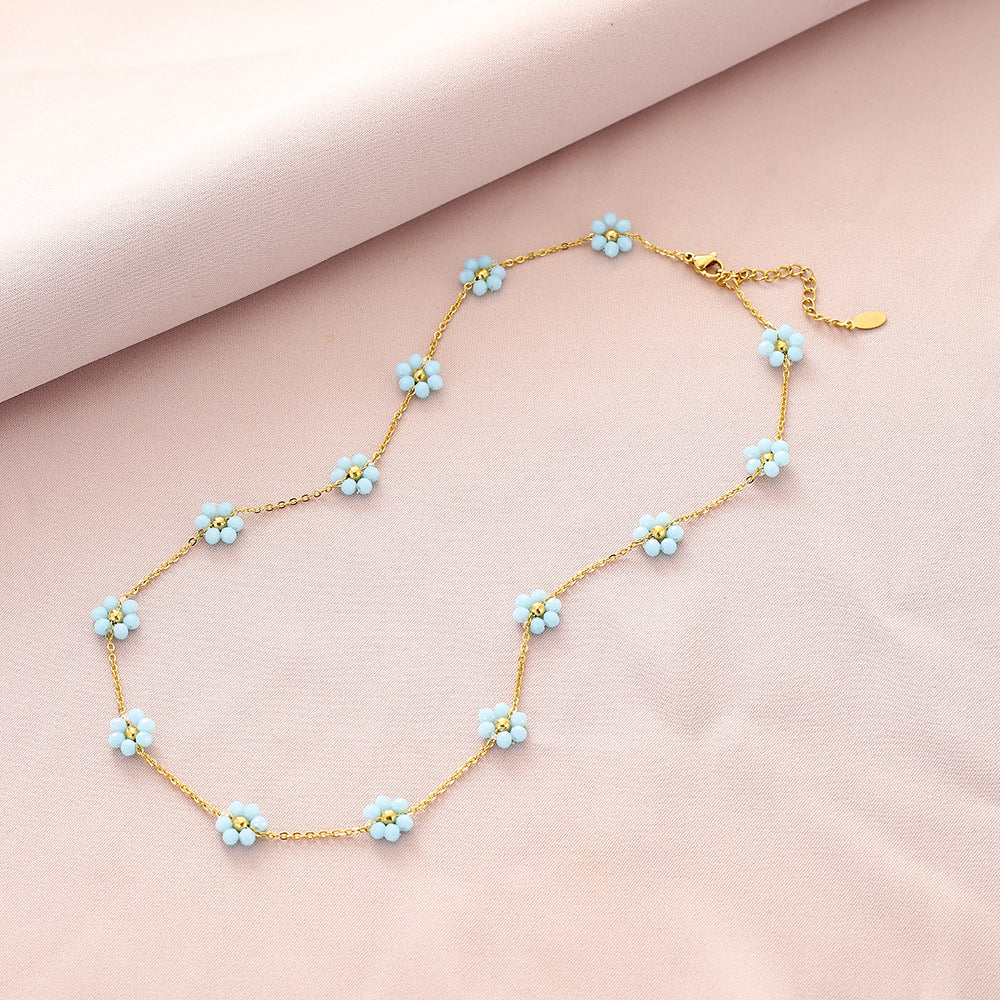 Dulce Collar Colgante de Pétalo de Cristal Floral Fresco para Mujer en Acero de Titanio con Acabado Chapado y Cadena de Eslabones