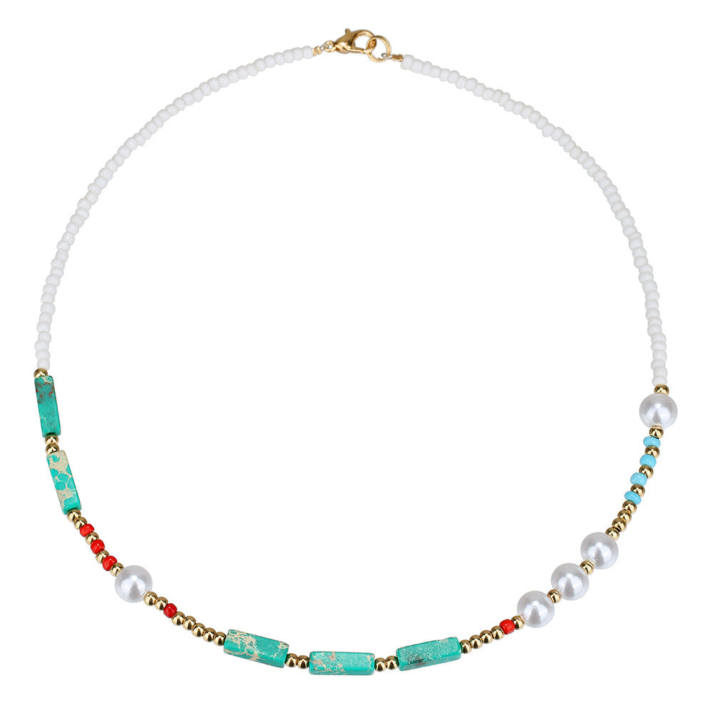 Bohemian Asymmetric Geometric Pearl Necklace with Turquoise Pendant