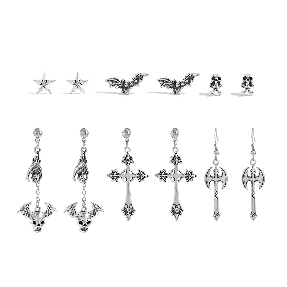 Vintage Alloy Plated Animal Shape Crystal Tassel Earrings Set with Bat and Rose Design for Women