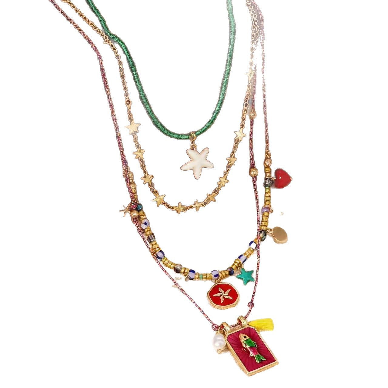 Collana con perline placcate in lega a forma di stella marina geometrica e pesce unisex