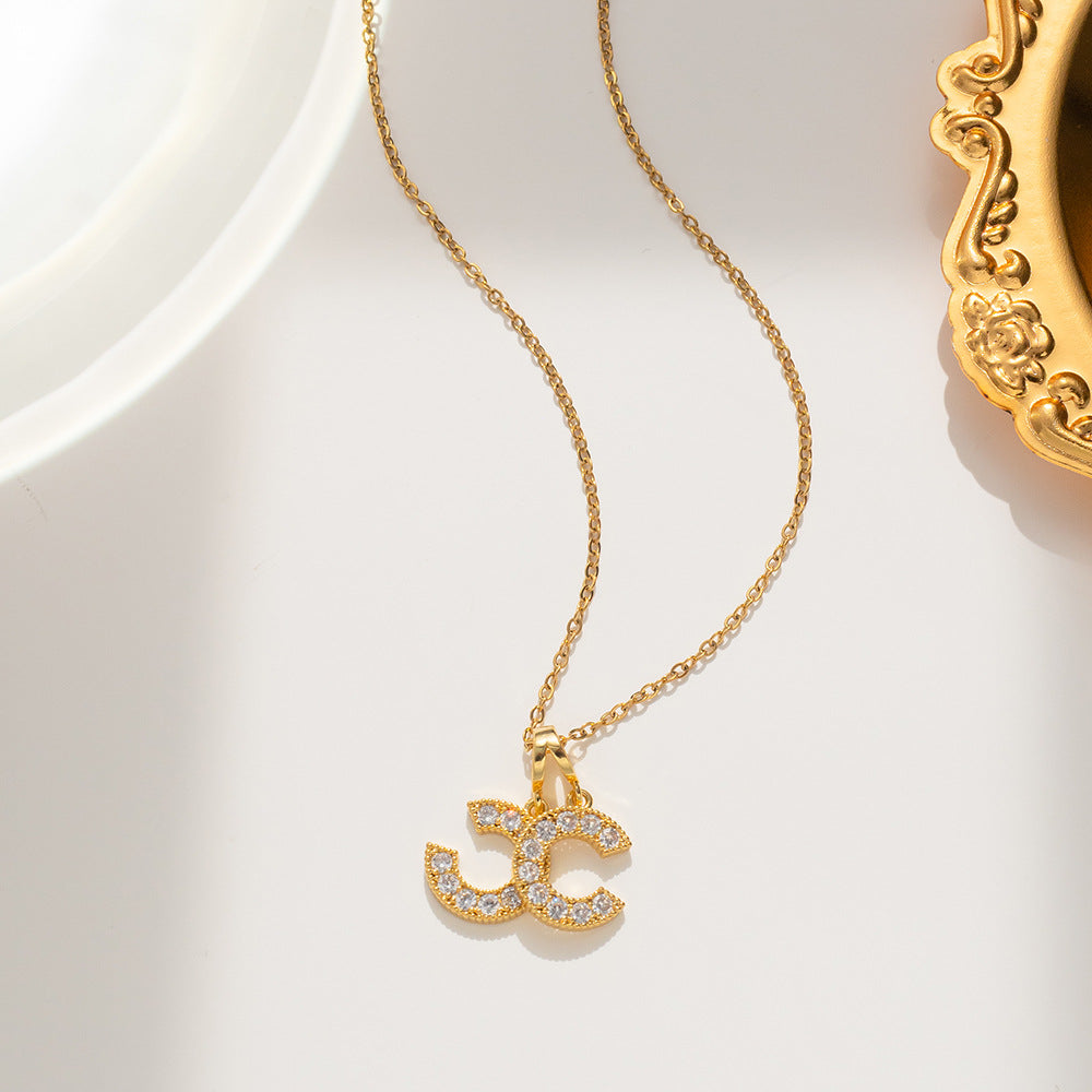 Minimalist Geometric Double C Pendant Necklace for Women in Titanium Steel with Gold Plating on O-Chain