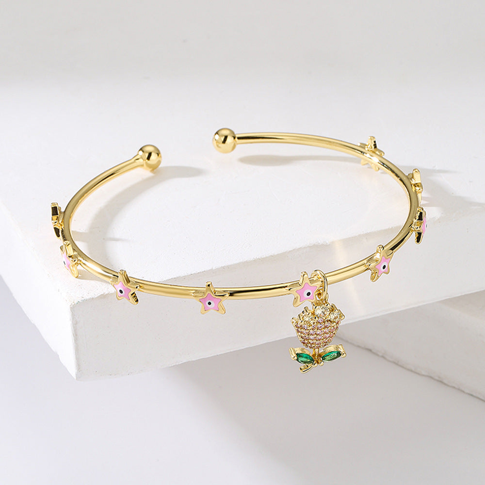 Bracciale rigido in rame placcato oro 18 carati smaltato con occhio in stile vintage e ciondolo a fiore di zirconi