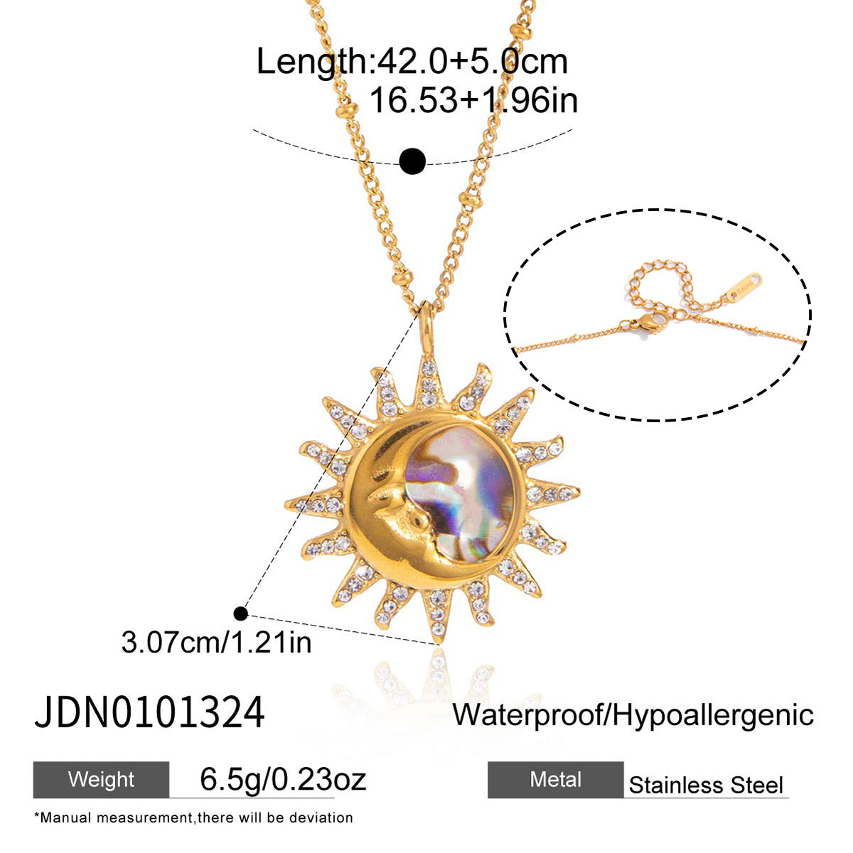Minimalist Geometric Titanium Steel Necklace with Rhinestone and Abalone Shell Sun Design PVD Gold Plated for Women
