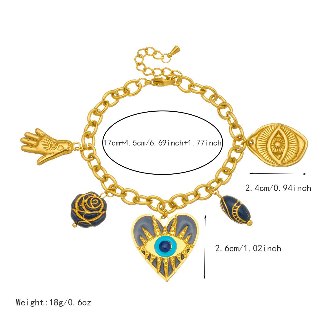 Vintage Gold Plated Stainless Steel Heart and Round Carved Evil Eye Pendant Bracelet with Floral Pattern for Women