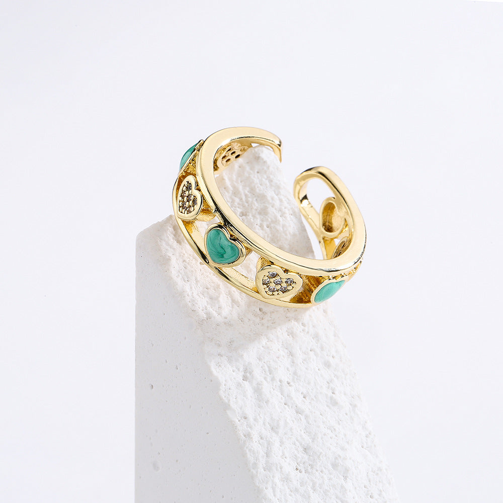 Anello geometrico minimalista in rame placcato oro 18K con intarsio a cuore in strass da donna