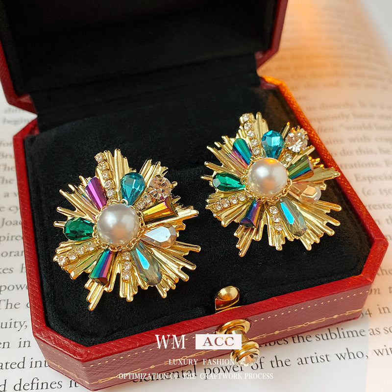Vintage Floral Crystal Stud Earrings with Silver-Plated Steel Posts for Women