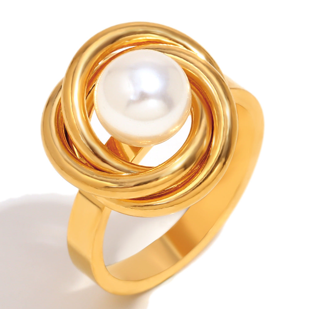 Vintage Style Geometric Stainless Steel Ring with 18K Gold Plating and Pearl Accent for Women