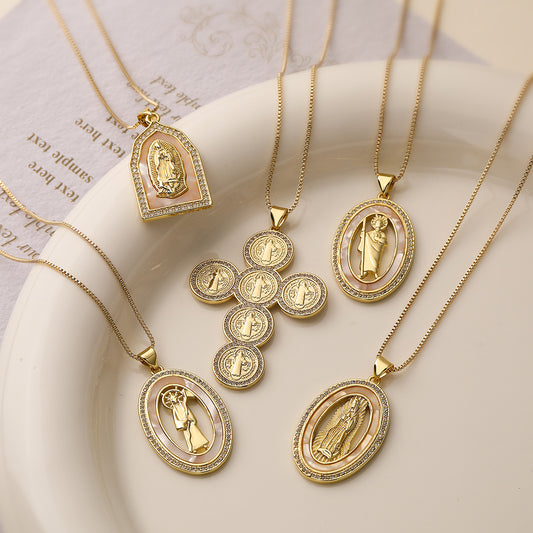 Minimalist Geometric Virgin Mary Pendant Necklace for Women with Copper Base Plated in Real Gold and Micro-Paved Zirconia