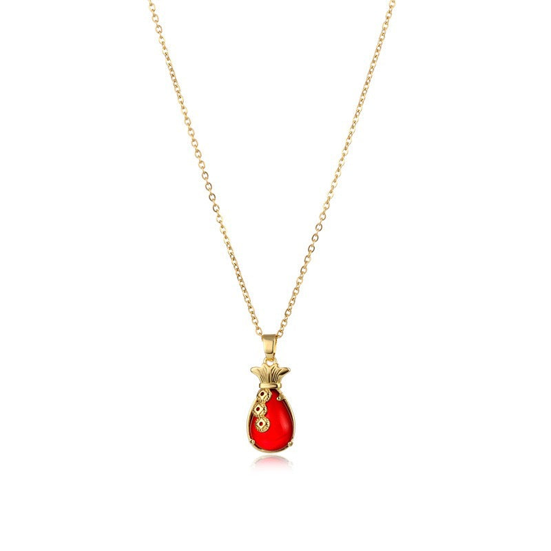 Collana con ciondolo a sacchetto portafortuna in stile cinese da donna in acciaio al titanio con finitura placcata su catena a O, design geometrico, catena alla clavicola, lusso minimalista
