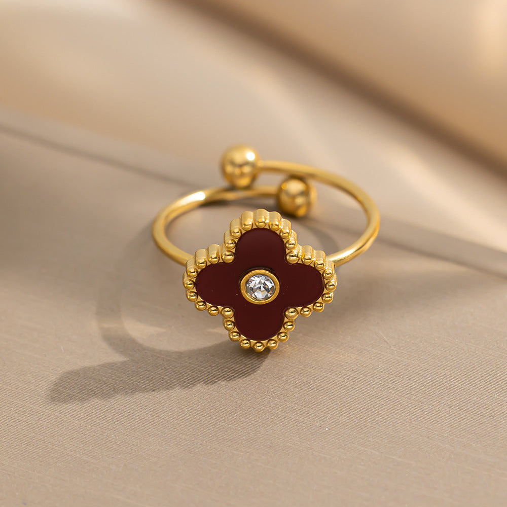 Minimalist Four-Leaf Clover Titanium Steel Adjustable Ring for Women with Hypoallergenic Plated Finish